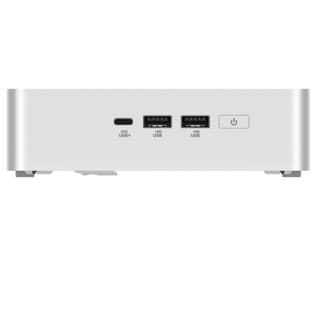 ASUS NUC 15 Pro+ sølvfarvet mini-PC med porte på forsiden