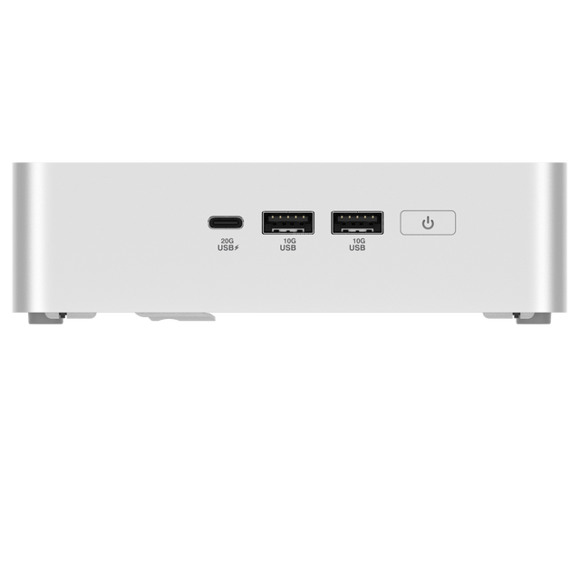 ASUS NUC 15 Pro+ sølvfarvet mini-PC med porte på forsiden