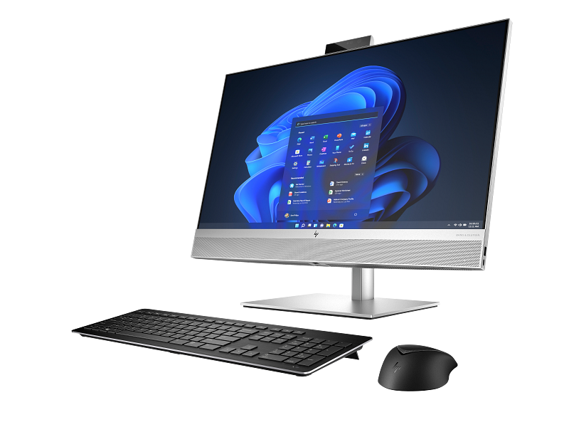 HP EliteOne 870 G9 AiO – 27", Core i5-14500, 16 GB, 512 GB – producentillustration af alt-i-en-PC med tastatur og mus