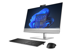 HP EliteOne 870 G9 AiO – 27", Core i5-14500, 16 GB, 512 GB – producentillustration af alt-i-en-PC med tastatur og mus