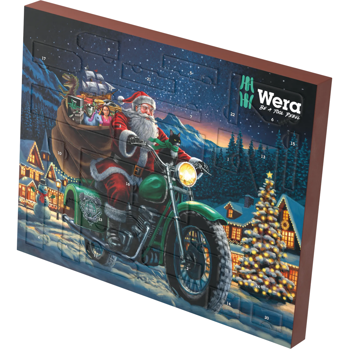 Wera værktøjsjulekalender med julemand på motorcykel og nummererede låger