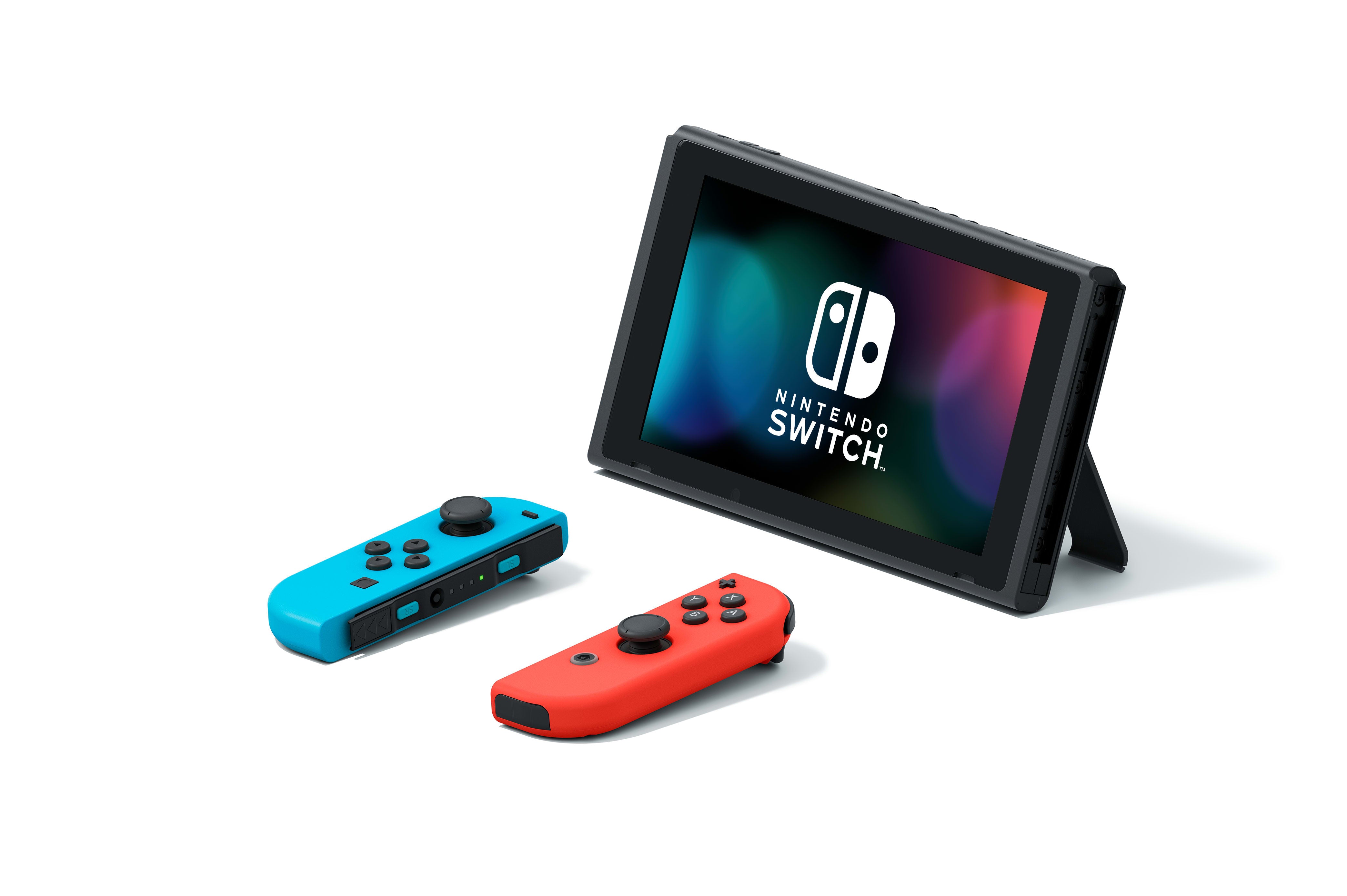 Nintendo Switch-Konsole mit neonrotem und neonblauem Joy-Con (aktualisierte Version)
