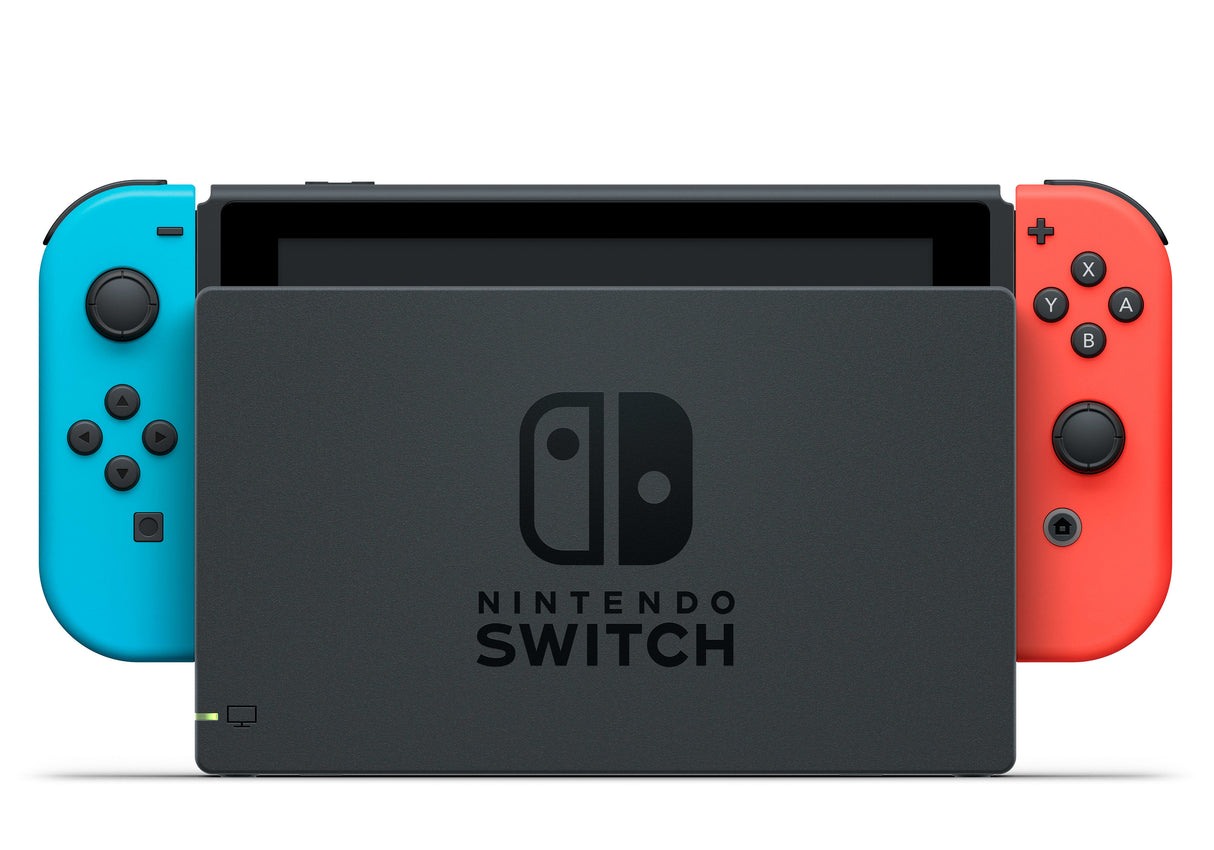 Nintendo Switch-Konsole mit neonrotem und neonblauem Joy-Con (aktualisierte Version)