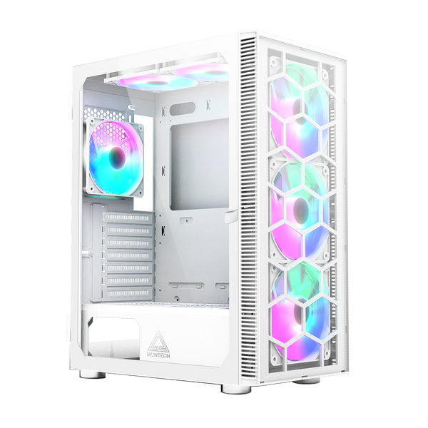 Montech X3 Glass White – 3x 140 mm statische RGB-Lüfter + 3x 120 mm statische RGB-Lüfter, seitlich schwenkbares gehärtetes Glas 