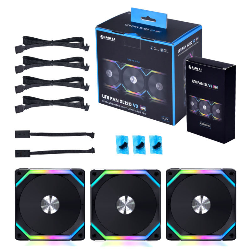 Lian Li UNI FAN SL V2 120 RGB PWM Fan 3 Pack, Black - 120 mm, 28mm frame Lian Li
